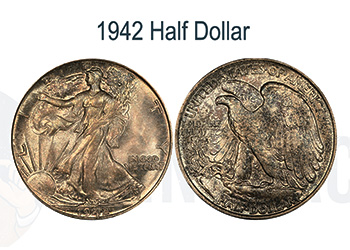 1942 Walking Liberty Half Dollar obverse and reverse showing Liberty striding and spread eagle design