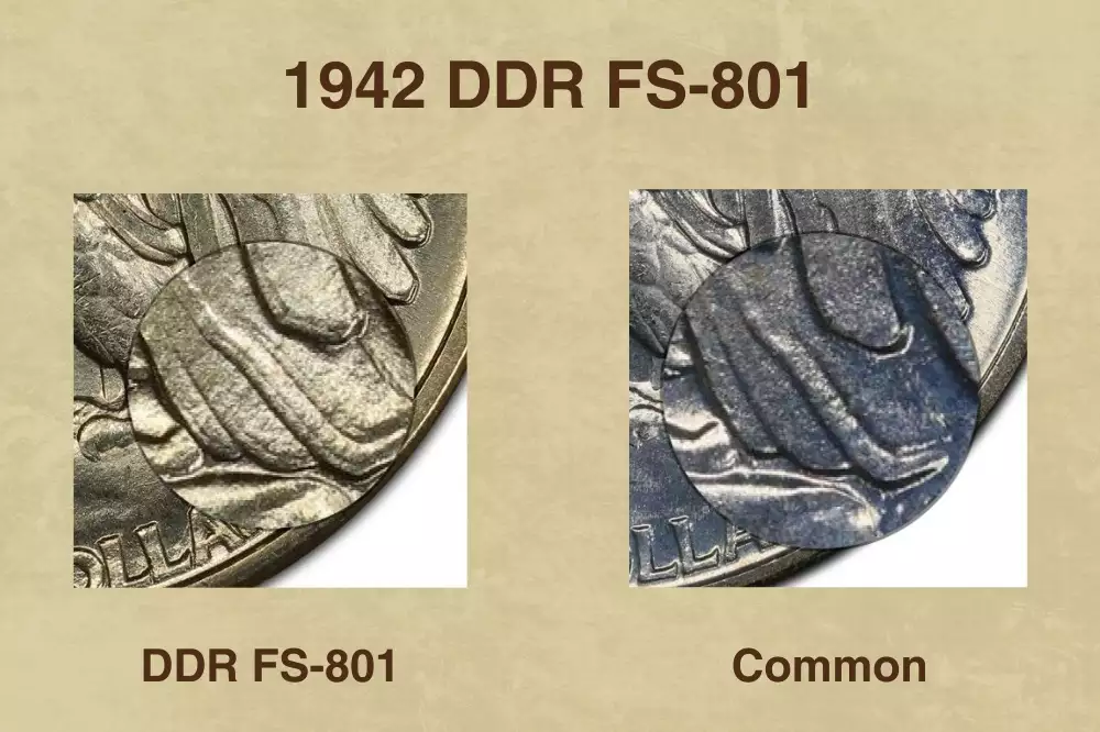 1942 half dollar DDR FS-801 doubled die reverse close-up showing doubled lettering on E PLURIBUS UNUM and eagle wing feathers