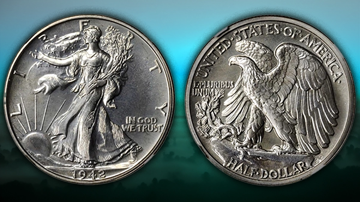 1942 Proof Walking Liberty Half Dollar showing deep mirror fields on the reverse with frosted eagle — cameo effect