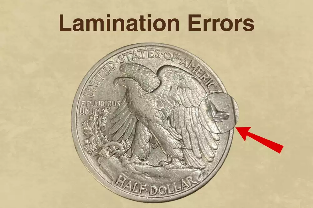 1942 Walking Liberty Half Dollar lamination error showing metal layer peeling from coin surface due to silver alloy impurity