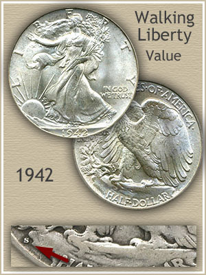 Group of 1942 Walking Liberty Half Dollars from Philadelphia, Denver, and San Francisco mints showing all three mint marks
